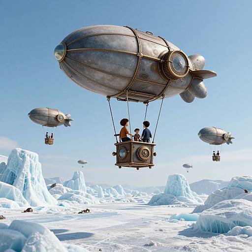 Photorealistic CGI: Steampunk airships with metallic, fish-shaped designs hover over icy, snow-covered landscape. Two people sit in central air