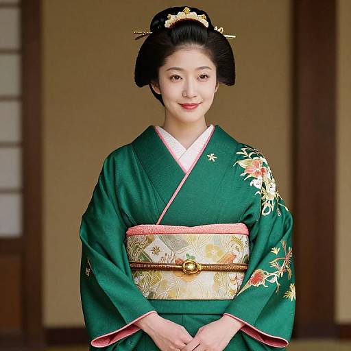 Elegant Woman in Green Embroidered Kimono