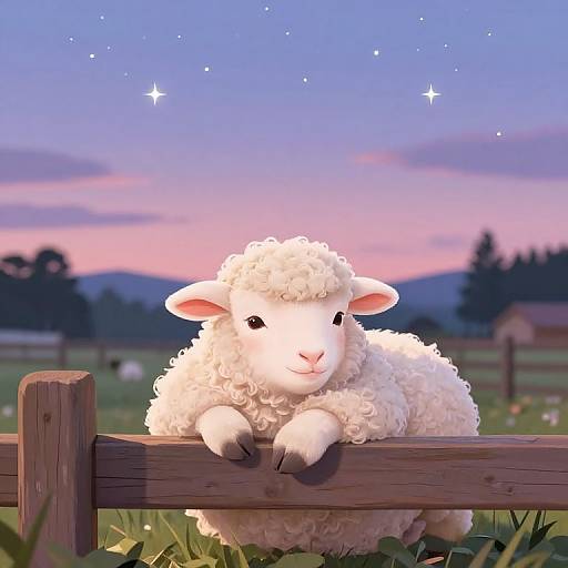 Peaceful Twilight Sheep by Fence