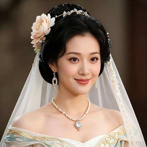 Photograph of an Asian bride with fair skin, black hair in an updo, wearing a white veil, floral headpiece, pearl necklace, and
