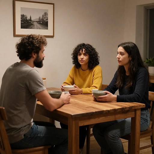Three People Conversing at Wooden Table