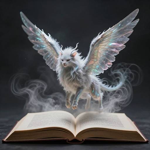 Photorealistic CGI of a white, winged, fluffy cat with iridescent feathers hovering above an open glowing book, surrounded by ethereal smoke