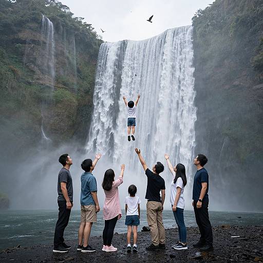 Photograph of six Asian children and adults standing at a misty waterfall, watching one child jump into cascading water. Dense greenery surrounds the waterfall