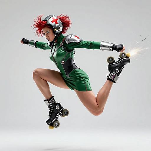 Digital art of a red-haired woman in a green nurse outfit, rollerblading mid-air with a dynamic pose, wearing a nurse cap and silver armor