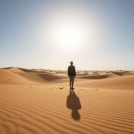 Photograph of a lone person with a backpack standing in a vast, sunlit desert with rippled sand dunes under a clear, bright sky.