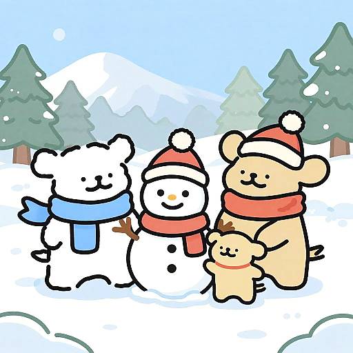 Cartoon Bear Family Winter Fun