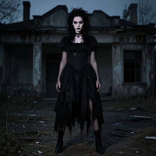 Gothic woman with pale skin, black fringed dress, fishnet gloves, and wild hair stands in front of a dark, abandoned building at