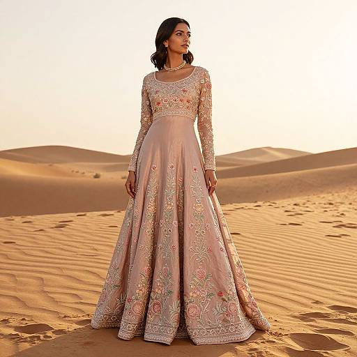 Photograph of a South Asian woman in an ornate, long-sleeved, pink and gold embroidered gown, standing in a sunlit desert with
