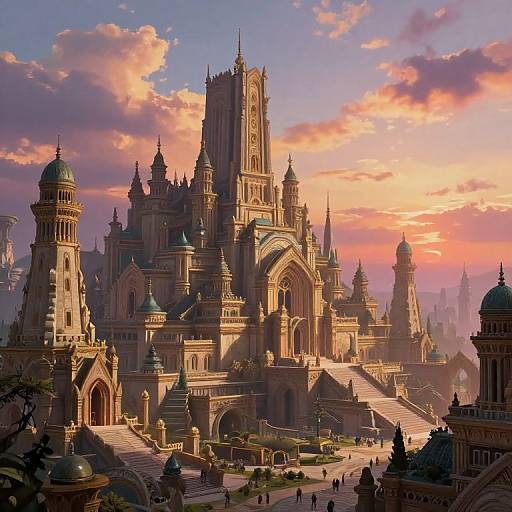 Digital fantasy illustration of a grand, golden-brown castle with multiple spires, domes, and arches, bathed in a pink-orange sunset