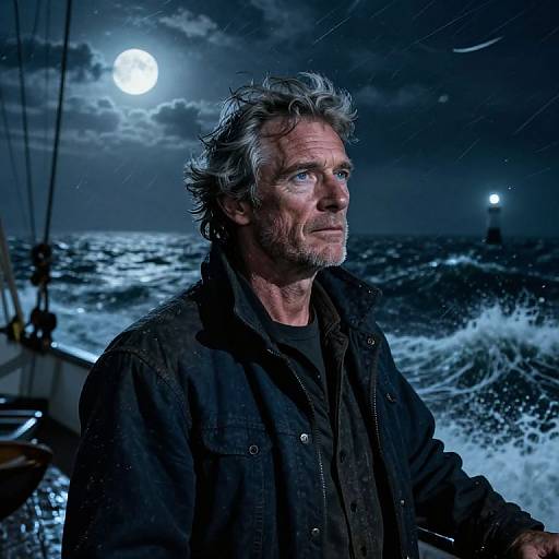Photograph of a middle-aged man with gray, wavy hair and blue eyes, wearing a black jacket, standing on a stormy, moonlit