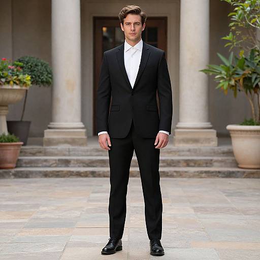 Photograph of a handsome man with short brown hair, wearing a black suit, white shirt, standing confidently in a courtyard with potted plants and columns