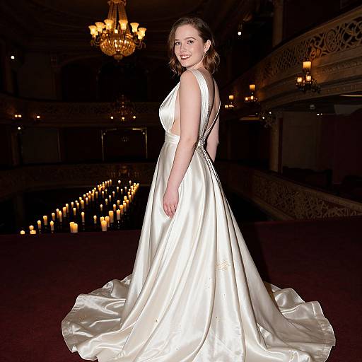Photograph of a smiling woman in a white satin ball gown with backless design, standing in a dimly-lit ballroom with a chandelier