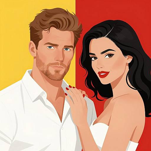 Illustration of Romantic Couple with Contrasting Expressions