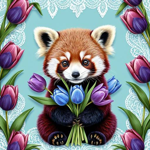 Charming Baby Red Panda with Tulips