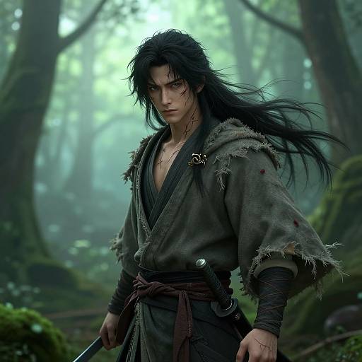 CGI fantasy image of a muscular, dark-haired warrior in a tattered, green kimono with bloodstains, standing in a misty forest