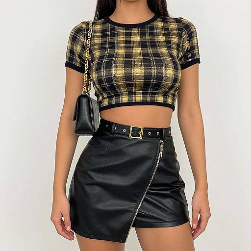 Photograph of a woman with long black hair, wearing a yellow and black plaid crop top, black leather skirt, and black purse with gold chain