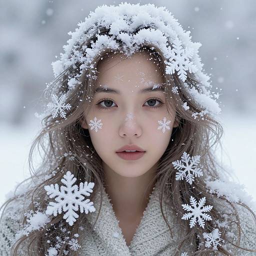 Photograph of a young woman with fair skin and blue eyes, wearing a white knitted coat, with snowflakes on her face and hair,