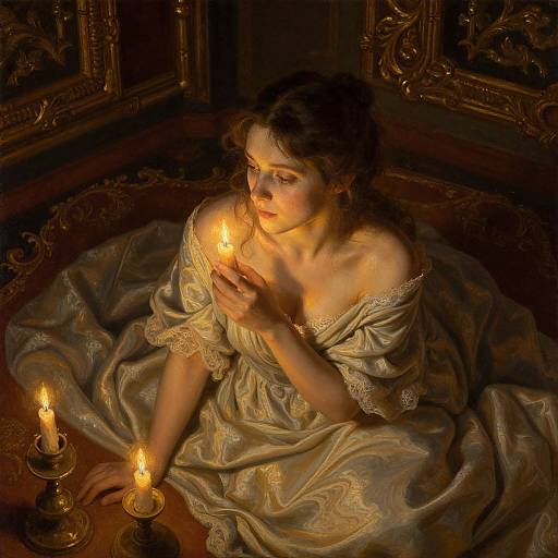 Photograph-style digital painting of a young woman in a flowing, off-shoulder, beige dress, holding a candle, surrounded by three lit candles