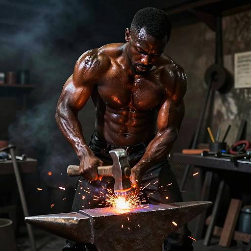 Muscular Black man, shirtless and glistening with sweat, strikes anvil with hammer, sparking intensely in a dim, smoky blacksmith workshop