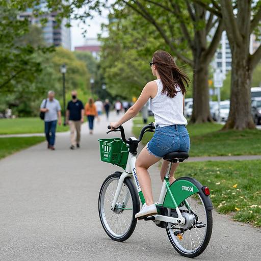 Photograph of a woman with long brown hair, wearing a white tank top and denim shorts, riding a green OYAMA rental bike on a park