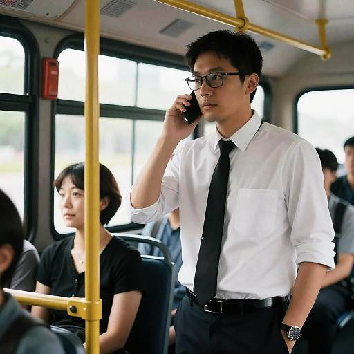 Focused Man on Bus with Conversation