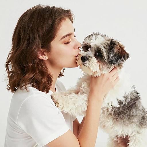 Photograph of a young woman with wavy brown hair, white shirt, kissing a fluffy black-and-white dog against a white background.