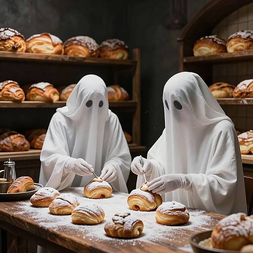 Photograph of two ghostly figures in white sheets, with black eye holes, baking croissants in a dimly-lit bakery. Shelves