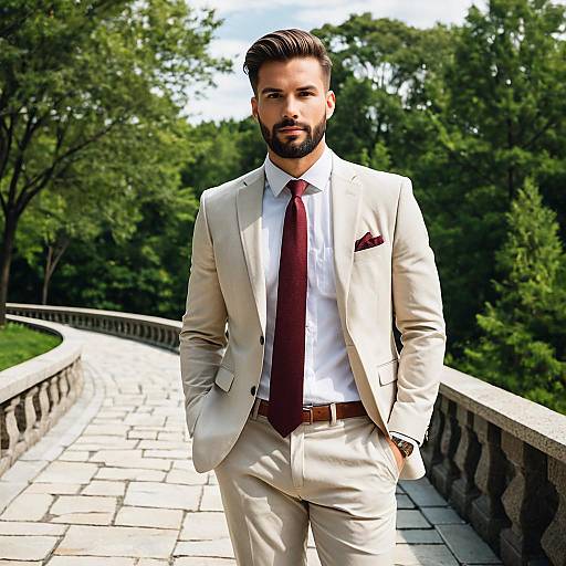Young Man in Beige Suit Outdoors