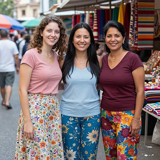 Three Women at Bustling Market