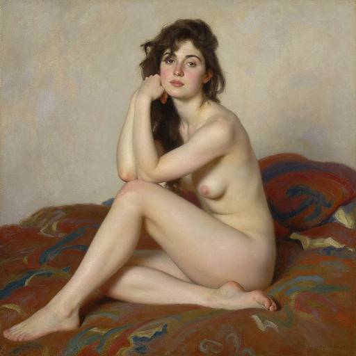Photorealistic painting of a fair-skinned, dark-haired, nude woman with small breasts, seated on a colorful, patterned bed, resting her
