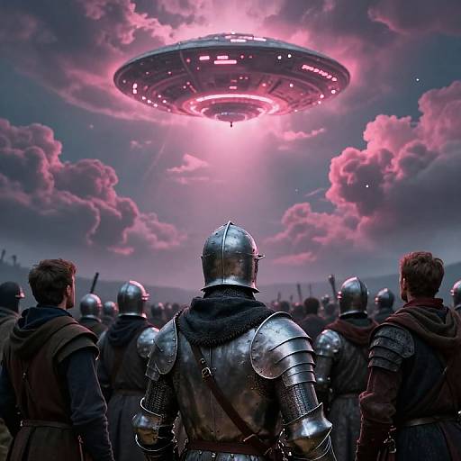 Photograph-style digital art of medieval knights in armor, back facing, gazing at a glowing, pink-lit UFO hovering in a cloudy, twilight