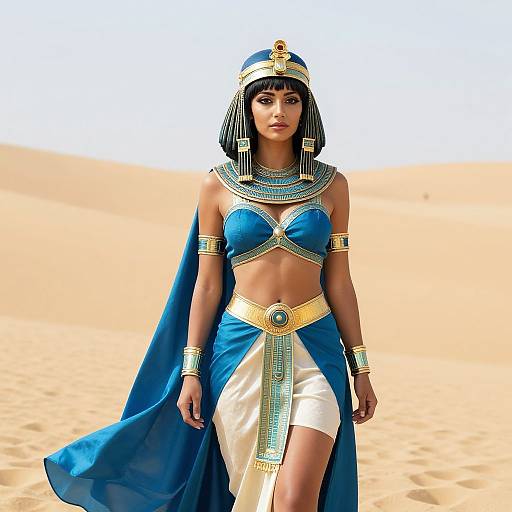 Digital art of a dark-skinned woman in ancient Egyptian attire, blue and white outfit, gold jewelry, black bob haircut, standing in a desert.