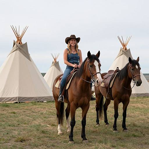 Smiling Woman Riding Horse at Glamping