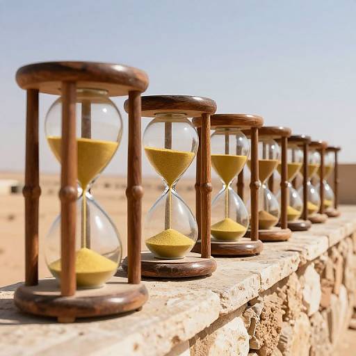 Photograph of row of wooden hourglasses with yellow sand, lined up on a stone wall in a sunny desert landscape.