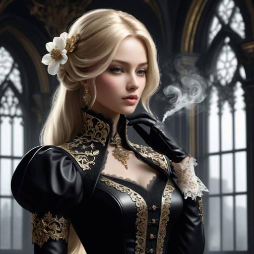 Regal Woman in Black Victorian Dress Smoking