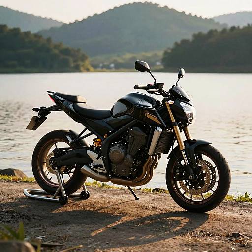 Photograph of a black motorcycle with gold accents, parked on a rocky lakeshore, silhouetted against a sunlit, mountainous background