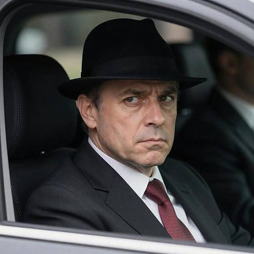 Serious Man in Black Fedora Sitting in Car