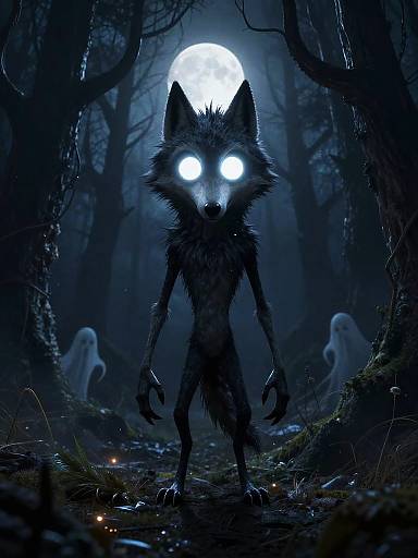 Digital artwork of a glowing-eyed, wolf-like creature standing in a dark, moonlit forest with two ghostly figures in the background.