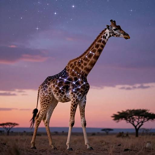 Photograph of a giraffe with a constellation pattern on its body, standing in a savannah at sunset with a starry sky.