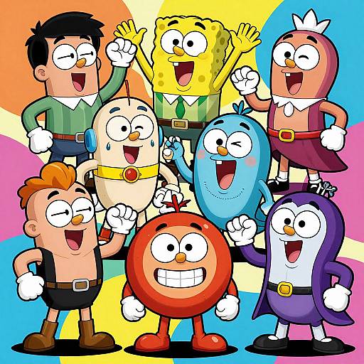 Cartoon illustration of six cheerful characters with exaggerated expressions, colorful backgrounds, and dynamic poses. Includes humans and anthropomorphic animals. Bright, vibrant colors.