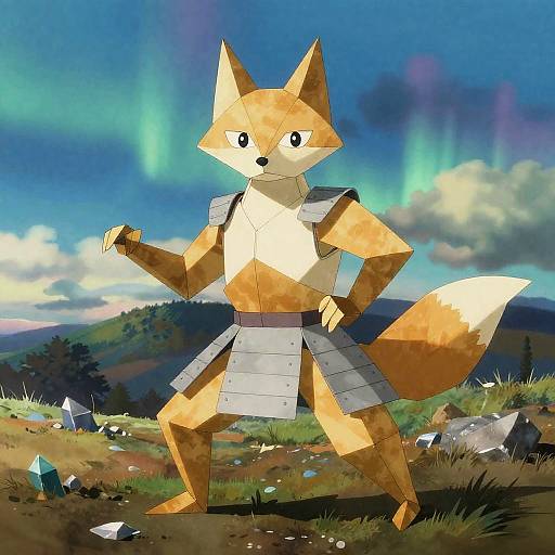 Origami Fox Warrior Under Aurora Skies