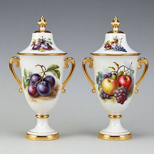Photograph of two ornate, white ceramic fruit jars with gold accents, each featuring colorful fruit paintings, standing side by side.