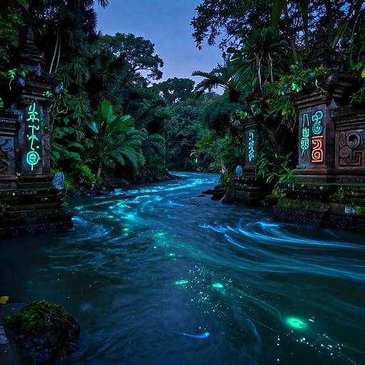 Photograph of a glowing, bioluminescent river flowing through a dense, tropical jungle with neon-lit ancient stone pillars on either side.