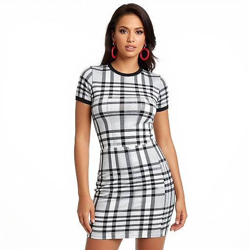 Photograph of a young woman with medium brown skin, black hair, wearing a white, black plaid dress, and red hoop earrings, standing against