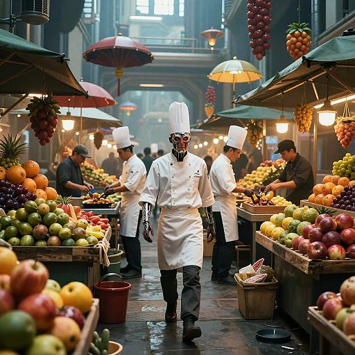 Photograph of a bustling indoor market with chefs in white uniforms navigating colorful fruit and vegetable stalls under umbrellas.