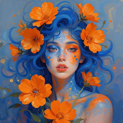Digital painting of a blue-haired woman with glowing orange flowers in her hair, blue and orange face paint, against a blue background. Ethereal, vibrant