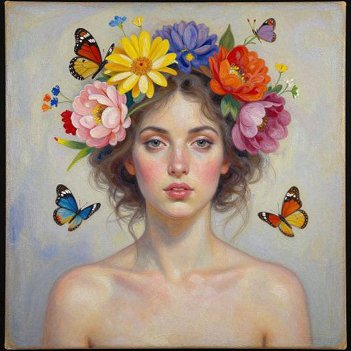 Digital painting of a young woman with fair skin, wavy brown hair, wearing a vibrant floral crown with yellow, blue, pink, and red flowers