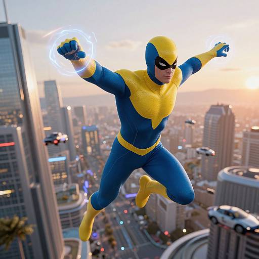 CGI image of a superhero in a blue and yellow costume with black mask, flying above a futuristic cityscape, right arm glowing with energy.