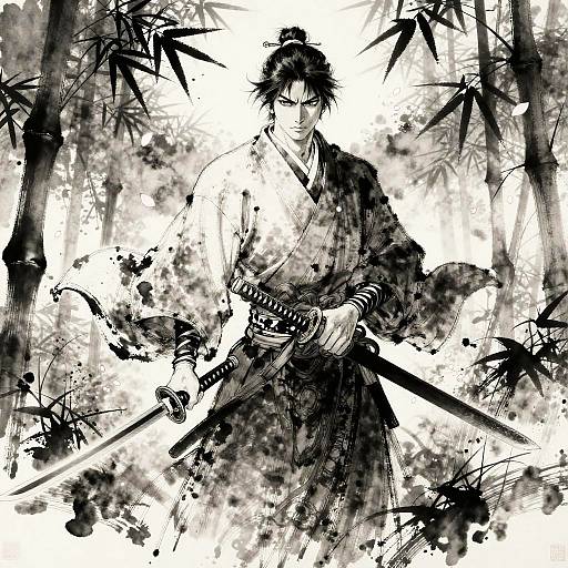 Ink Illustration of Samurai in Bamboo Forest