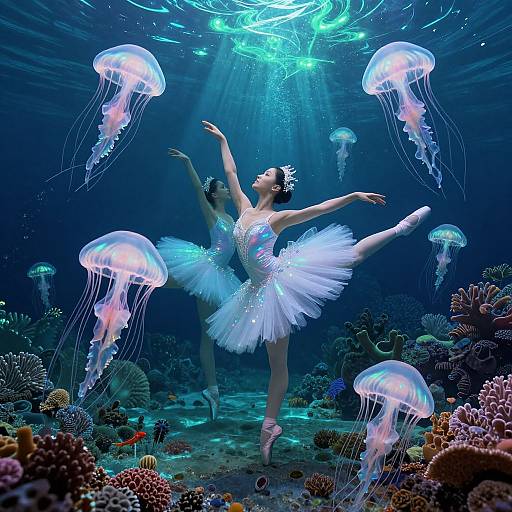 Photograph of a ballerina in a sparkling white tutu underwater, surrounded by glowing jellyfish, dancing gracefully amidst colorful coral reefs.